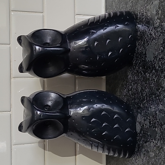 Vintage Hand Carved Black Stone Onyx Owl Shaped Office Library Bookends - Picture 4 of 12